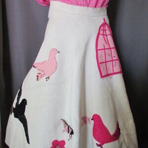 Fun 1950 Circle Skirt Off-White Pink Black Sequined Birds in Flight Sock Hop